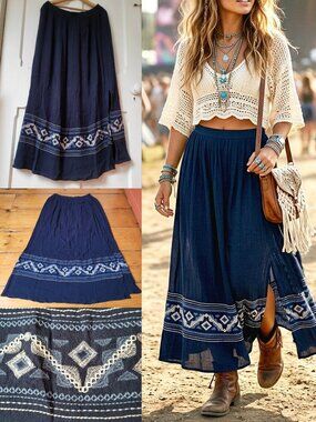 Skies Are Blue Maxi Skirt Navy Blue Embroidered Boho Size L Festival Hippie